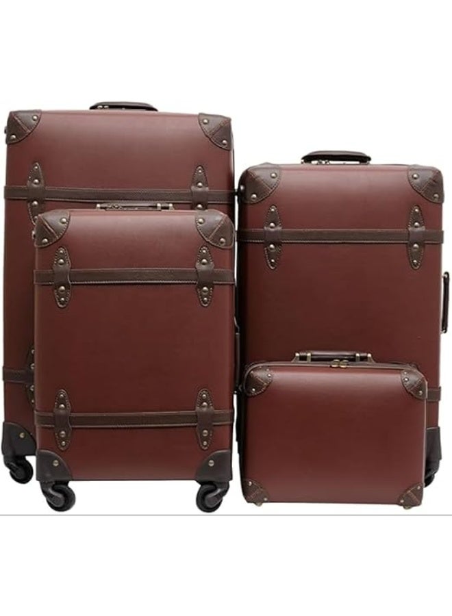 4-Piece Vintage Leather-Design Luggage Set, Hardshell Travel Trolley Bags with 360° Spinner Wheels & Secure Number Lock, Brown - Image 1
